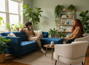 a photo of a black woman sitting on a blue couch at a therapist office. The office has plants, peaceful energy, soft lighting and the therapist is a black light skinned woman with long curly hair in a boucle chair.